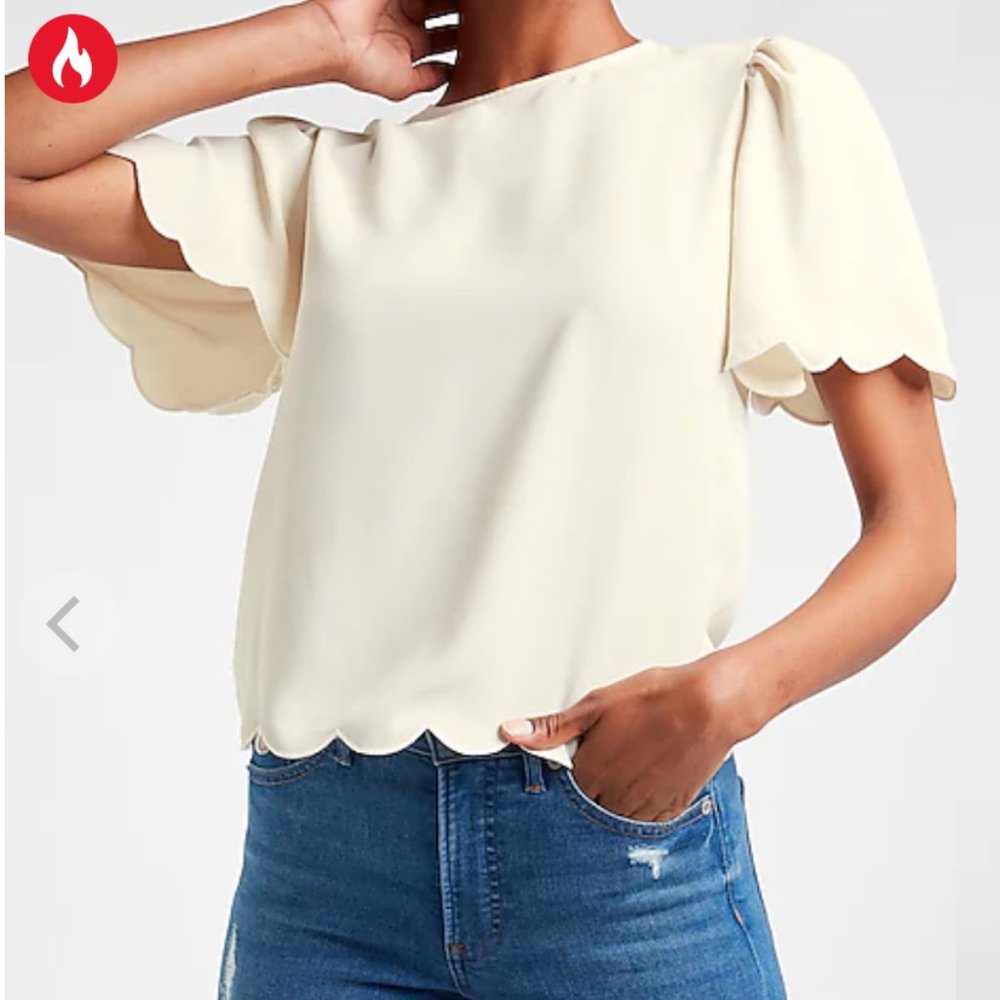 EXPRESS Cream Scalloped Flutter Sleeve Top, Size L